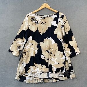 SUSAN GRAVER Women’s Size 1X Bold Black Tan Floral Print A-line Tunic Top